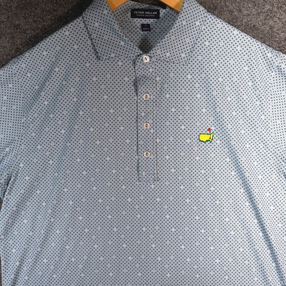 Peter Millar Masters Crown Crafted Polo Shirt Mens Large Blue Geometric Golf